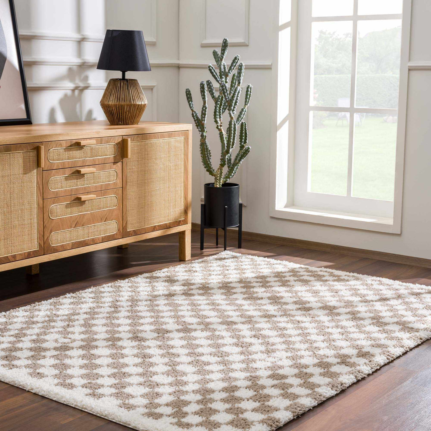 Kieu Taupe Checkered Shag Rug by Boutique Rugs