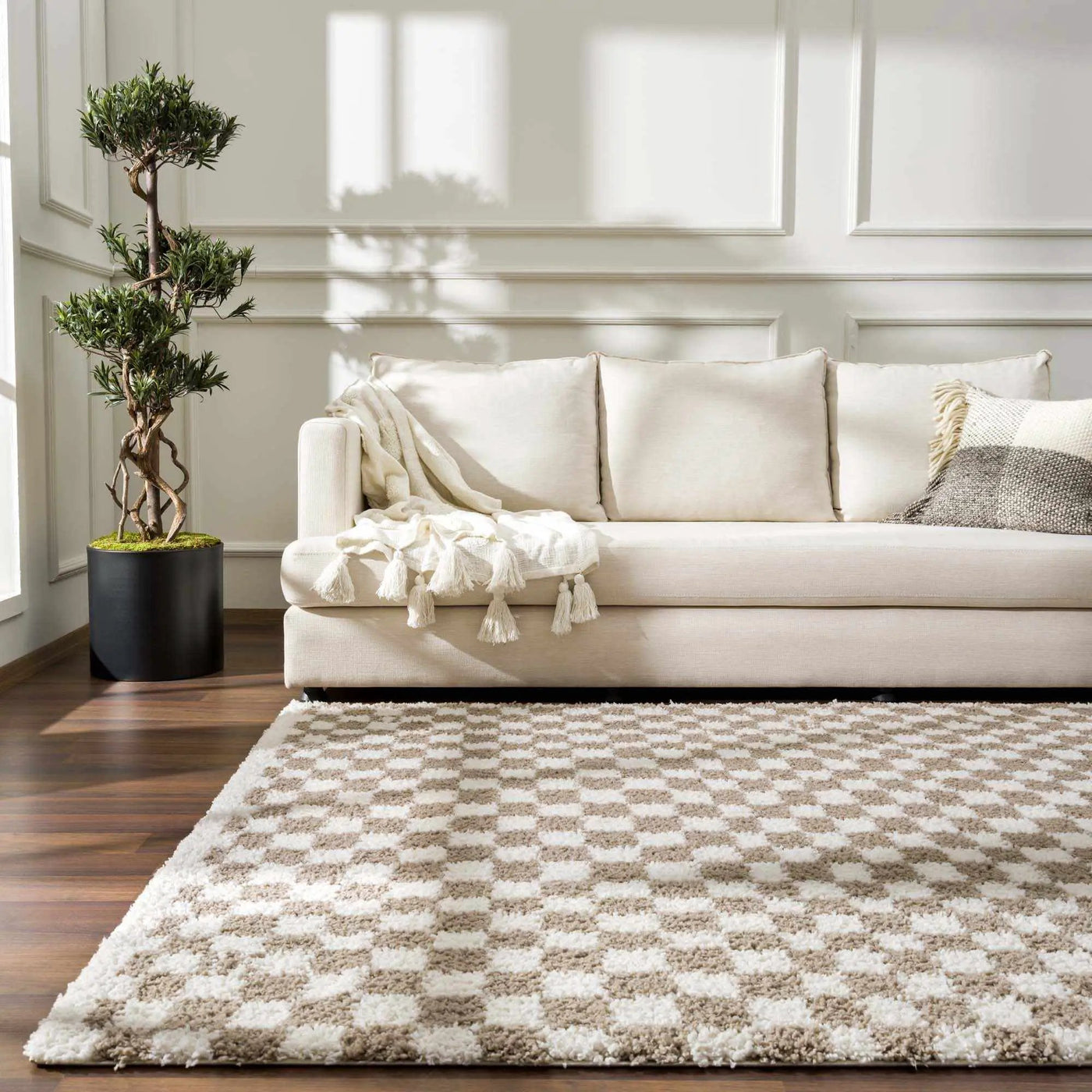 Kieu Taupe Checkered Shag Rug by Boutique Rugs