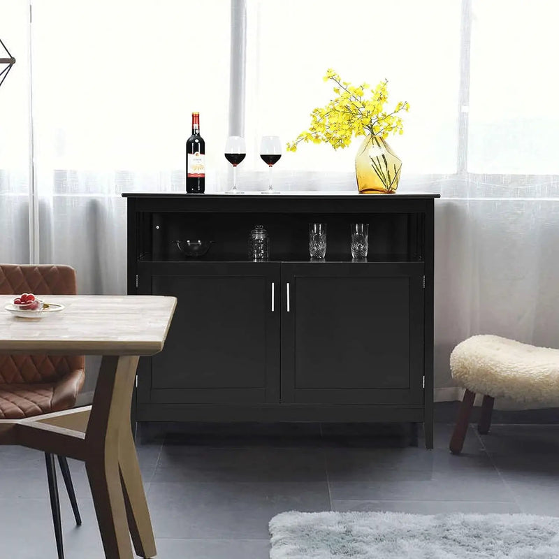 Black Wood 2-Door Dining Buffet Sideboard Cabinet with Open Storage Shelf by HomePacific