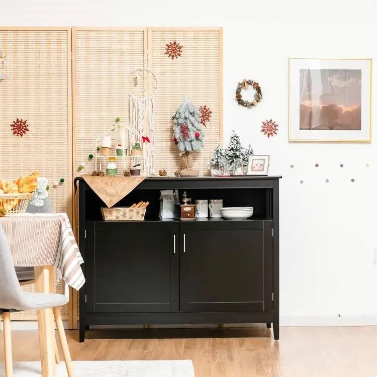 Black Wood 2-Door Dining Buffet Sideboard Cabinet with Open Storage Shelf by HomePacific
