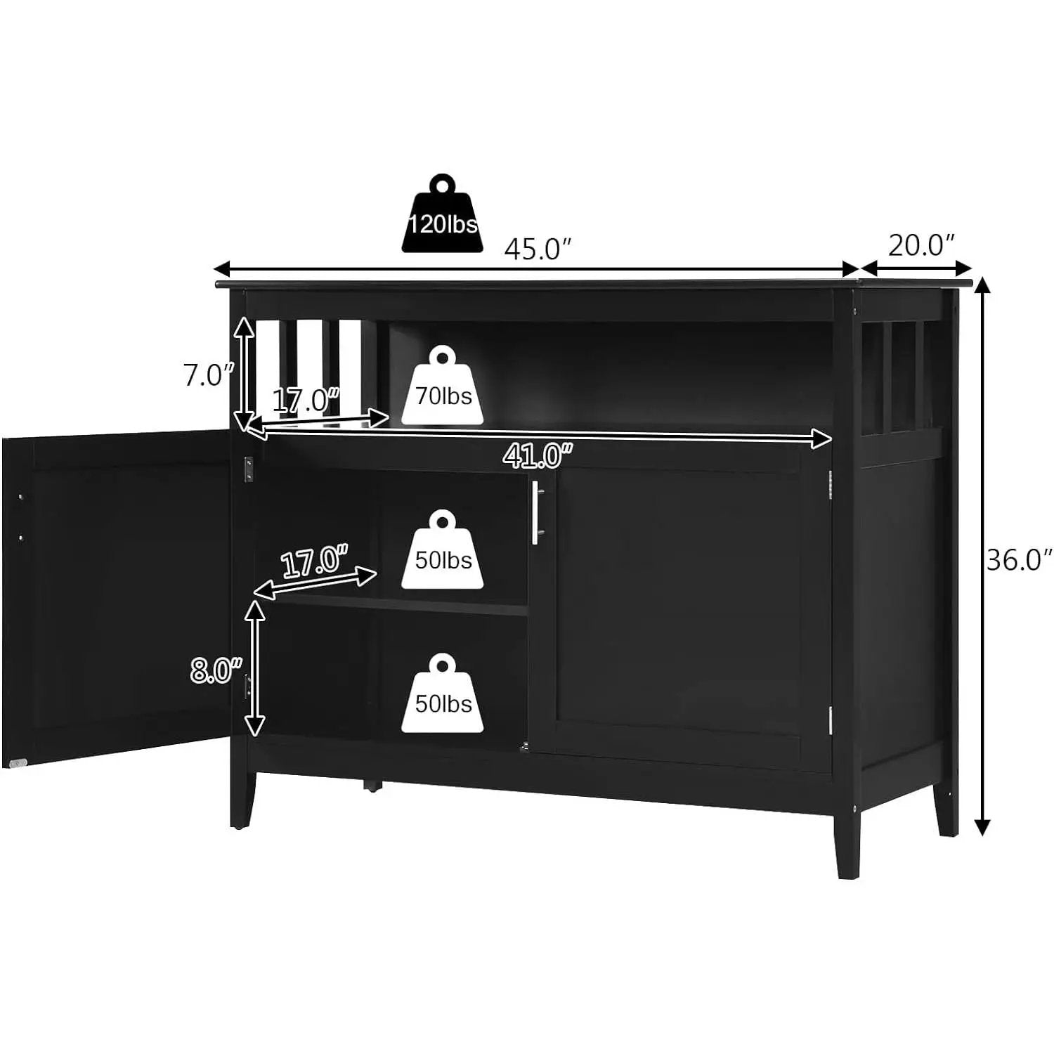 Black Wood 2-Door Dining Buffet Sideboard Cabinet with Open Storage Shelf by HomePacific