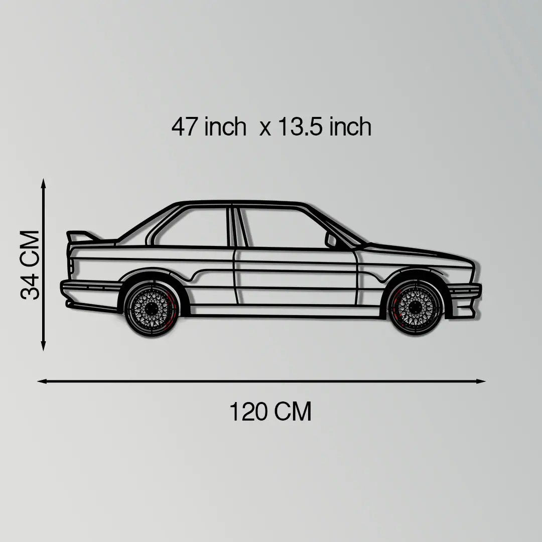 BMW E30 M3 Metal Car Wall Art with Rotating Wheels - Classic M Power Silhouette Decor - Interactive Automotive Wall Art - KAFMEKA100 by Enova Art