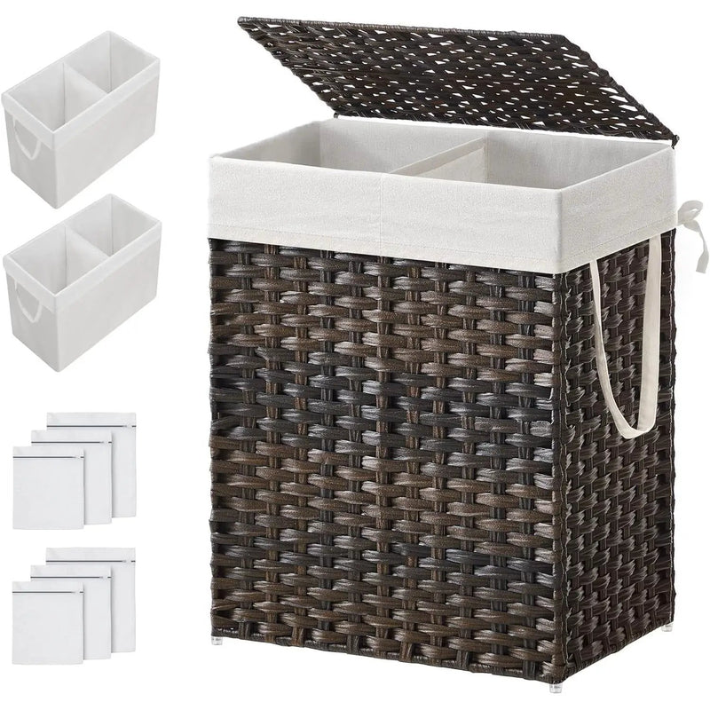Brown PP Rattan 24-Gal Laundry Hamper Basket w/ 2-Compartment Washable Liner Bag by HomePacific