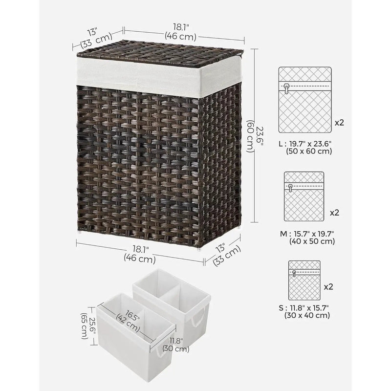 Brown PP Rattan 24-Gal Laundry Hamper Basket w/ 2-Compartment Washable Liner Bag by HomePacific