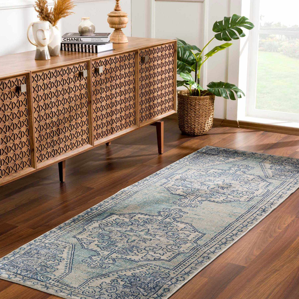 Kenmare Blue Medallion Rug - Clearance, installed in a room