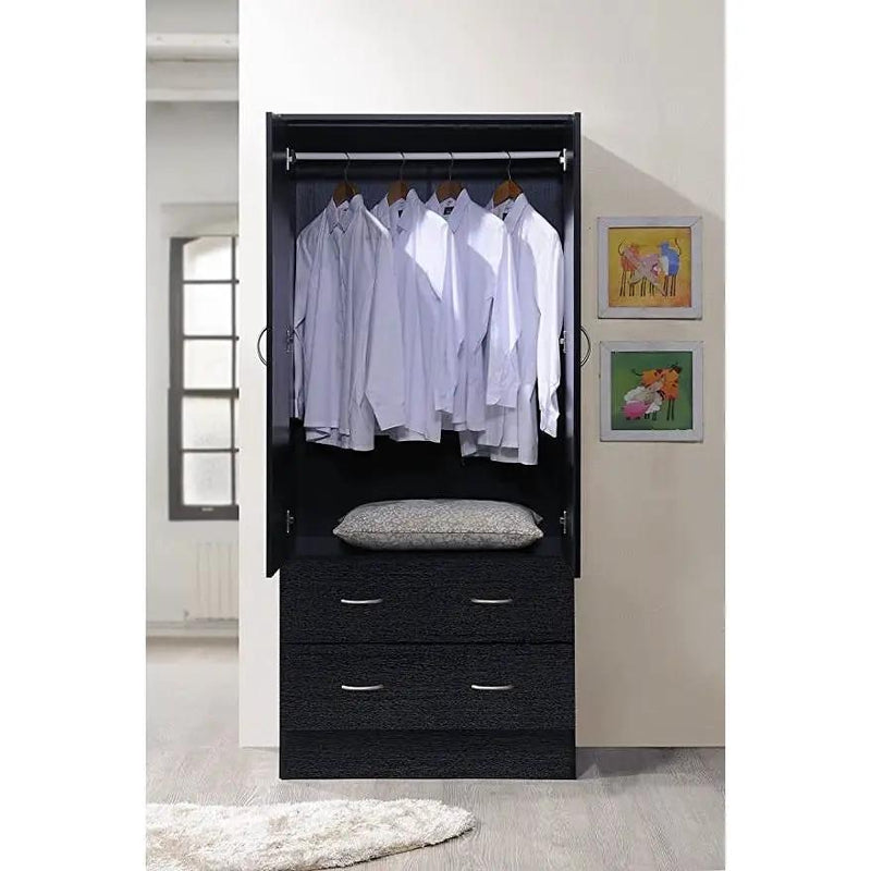 Black 2 Door Wardrobe Armoire with 2 Drawers and Hanging Rod Storage by HomePacific