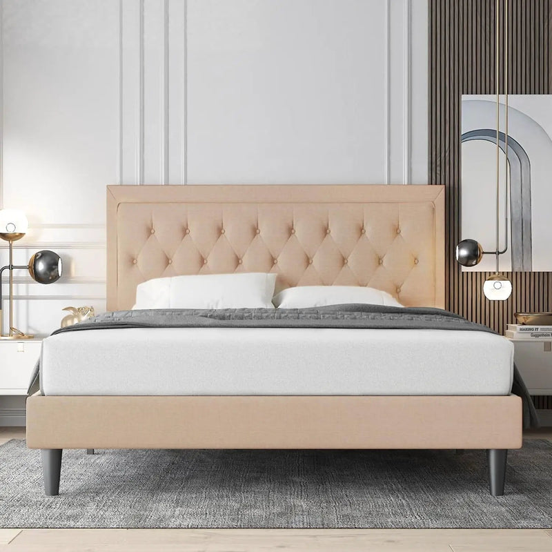 Queen size Beige Linen Platform Bed Frame with Button Tufted Headboard by HomePacific
