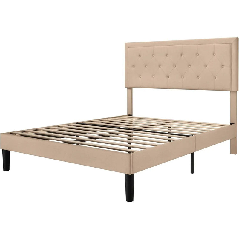 Queen size Beige Linen Platform Bed Frame with Button Tufted Headboard by HomePacific