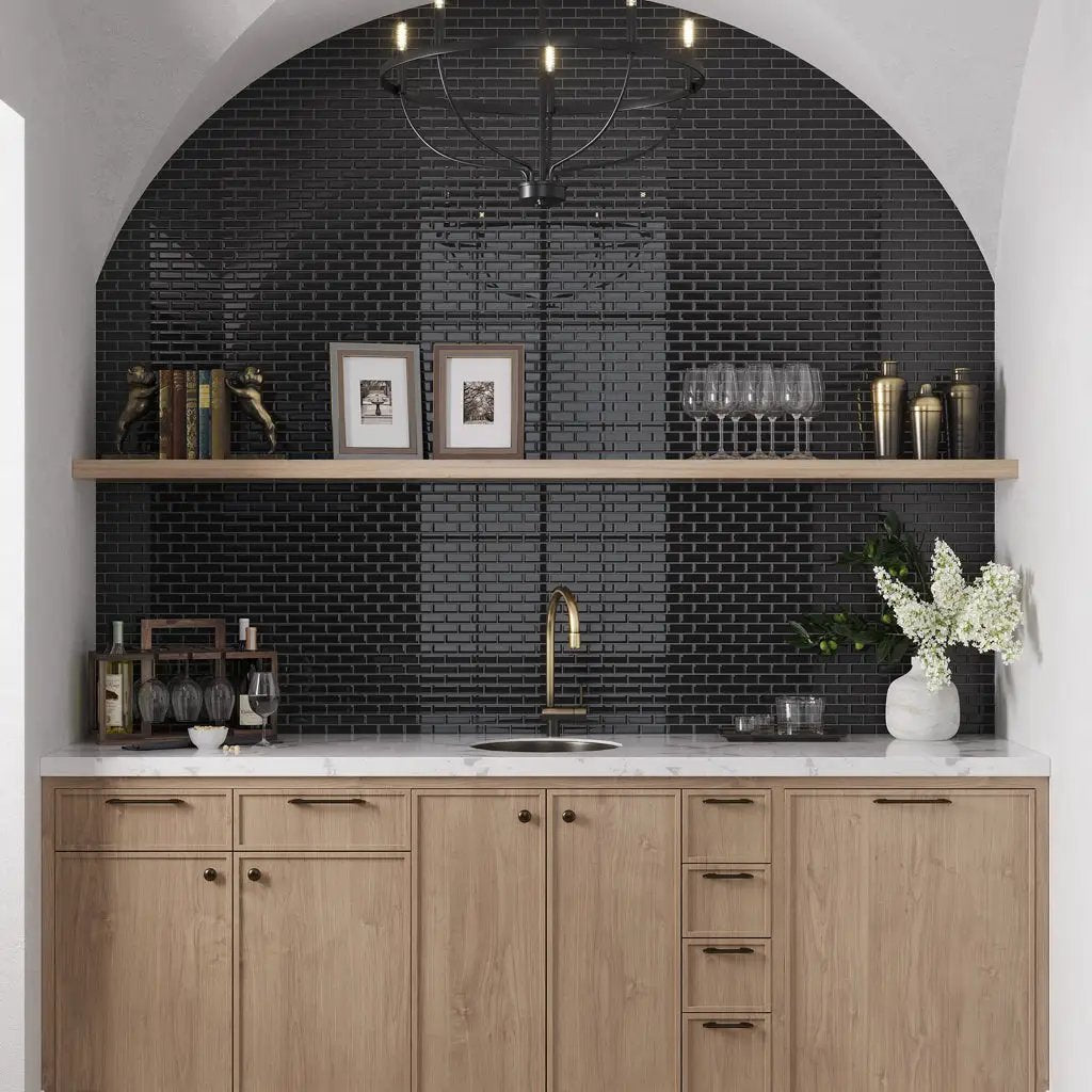 Black 12x12 Glossy Brick Glass Mosaic Tile (5 pack, 4.92 sq ft/case) by Apollo Tile