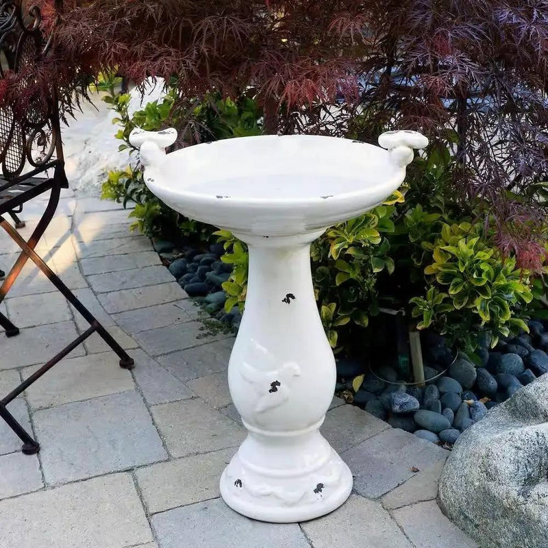 Outdoor Off-White Ceramic Birdbath in Light-Brown Antique Finish by HomePacific
