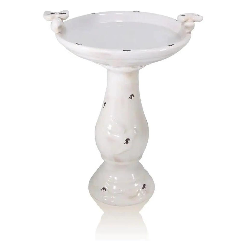 Outdoor Off-White Ceramic Birdbath in Light-Brown Antique Finish by HomePacific