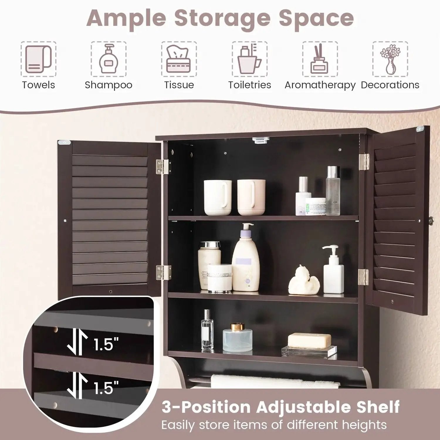 Brown Wall-Mounted Bathroom Medicine Cabinet with Louver Doors and Towel Bar by HomePacific