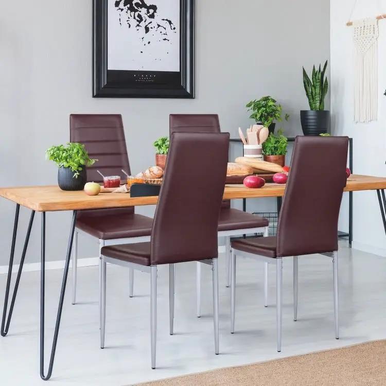Set of 4 Modern High Back Brown PVC Leather Dining Chairs with Metal Legs by HomePacific