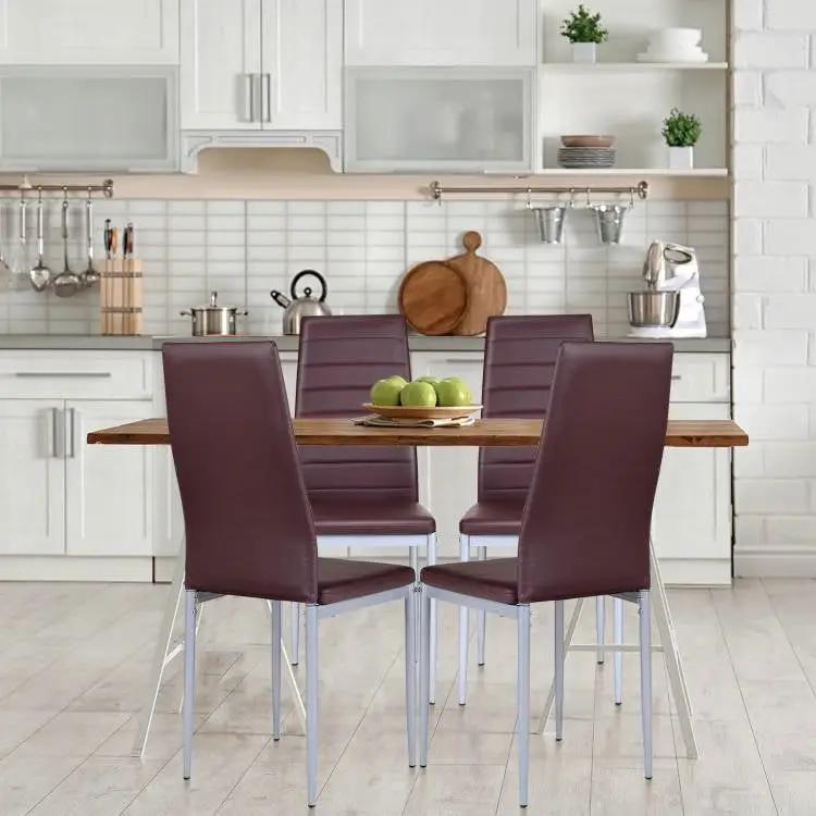 Set of 4 Modern High Back Brown PVC Leather Dining Chairs with Metal Legs by HomePacific
