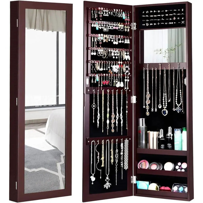 2-in-1 Dark Brown Wall or Door Mounted Jewelry Organizer Full Length Mirror by HomePacific