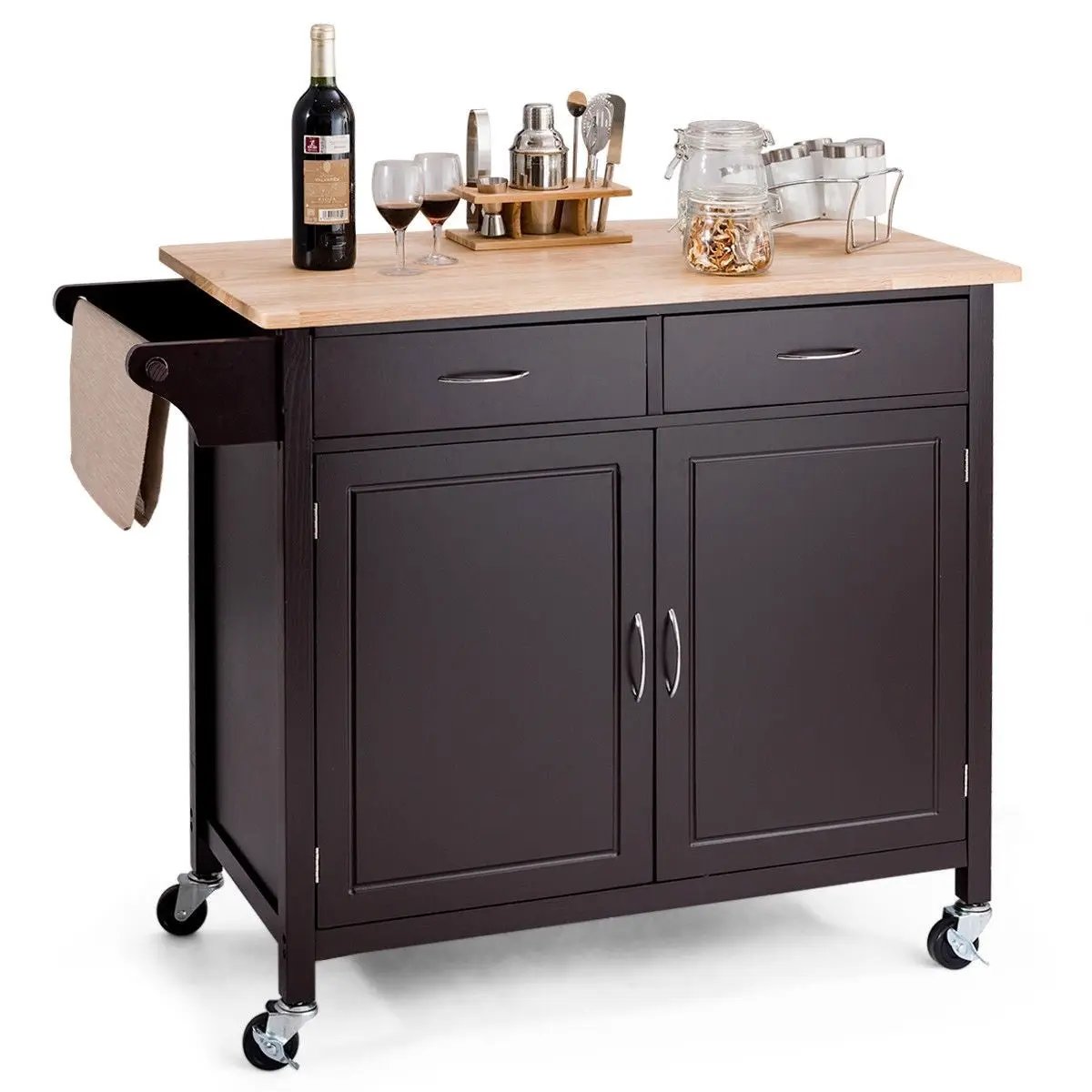 Brown Kitchen Island Storage Cart with Wood Top and Casters by HomePacific