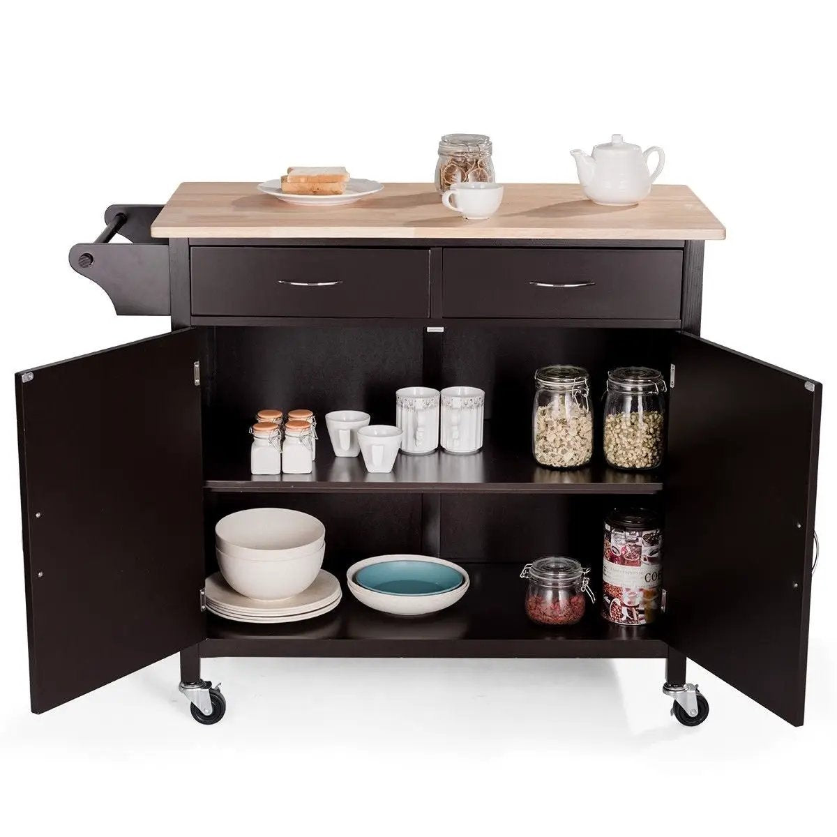 Brown Kitchen Island Storage Cart with Wood Top and Casters by HomePacific