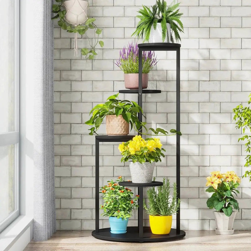 5-Tier Indoor Plant Stand with Black Metal Frame and Brown Wood Finish Shelves by HomePacific