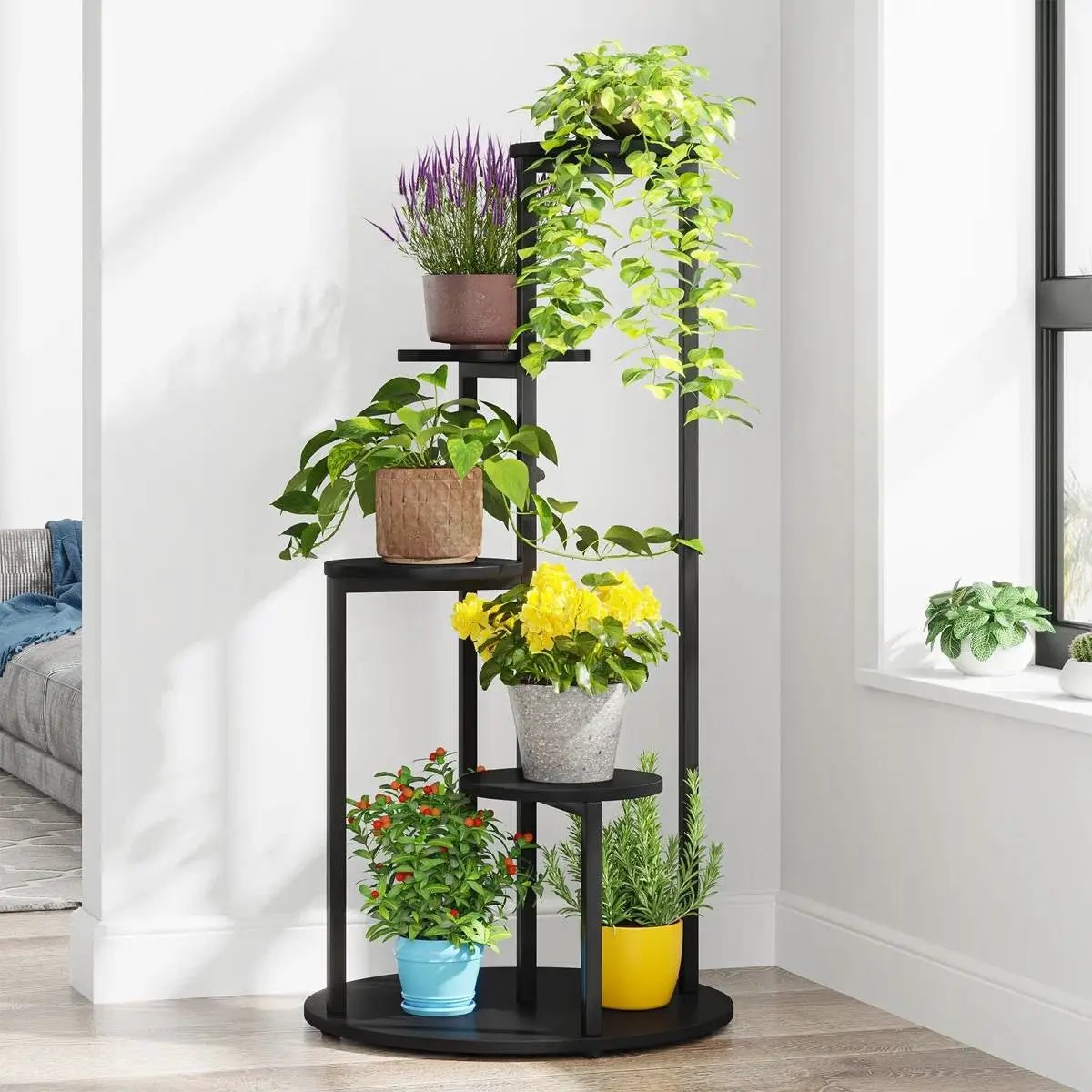 5-Tier Indoor Plant Stand with Black Metal Frame and Brown Wood Finish Shelves by HomePacific