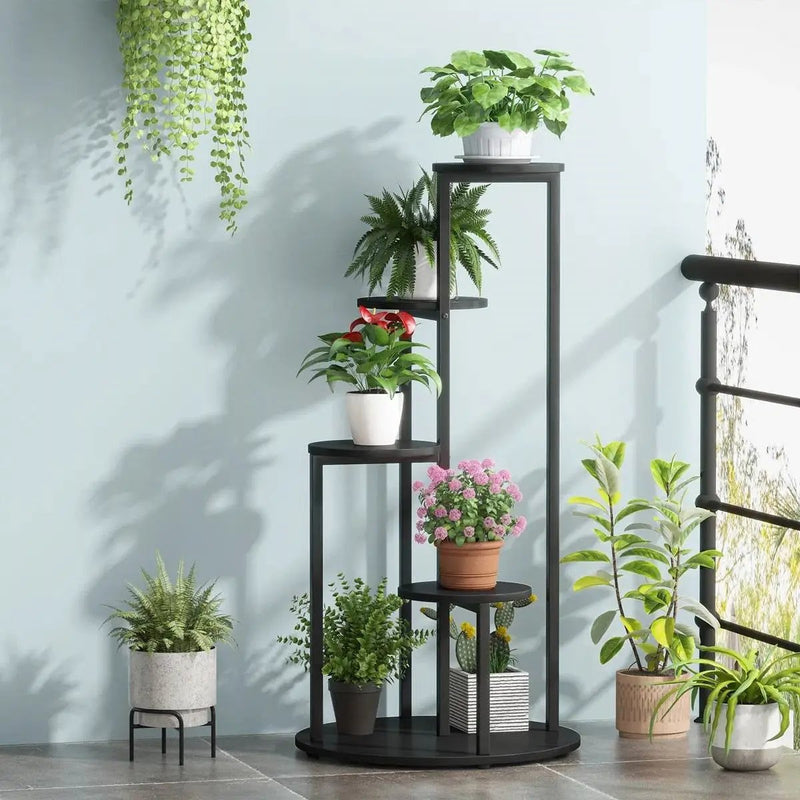 5-Tier Indoor Plant Stand with Black Metal Frame and Brown Wood Finish Shelves by HomePacific