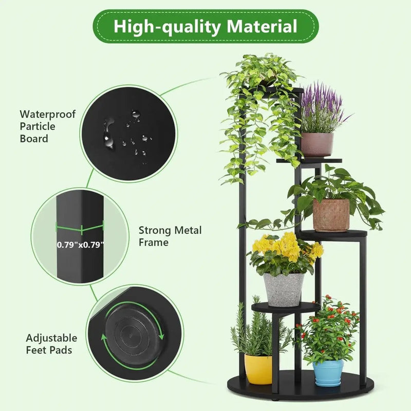 5-Tier Indoor Plant Stand with Black Metal Frame and Brown Wood Finish Shelves by HomePacific