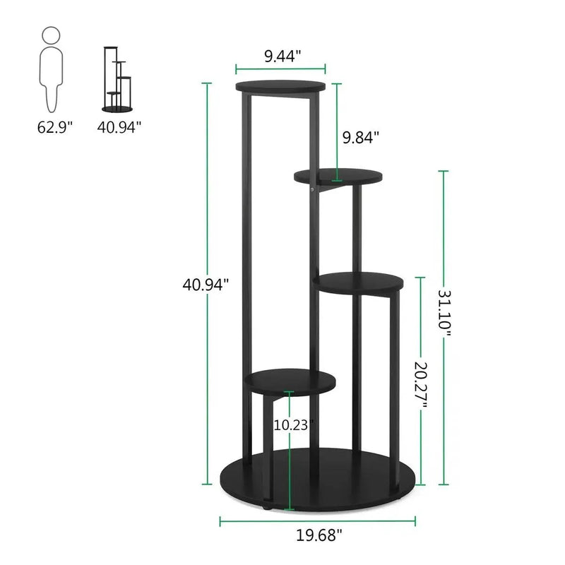 5-Tier Indoor Plant Stand with Black Metal Frame and Brown Wood Finish Shelves by HomePacific
