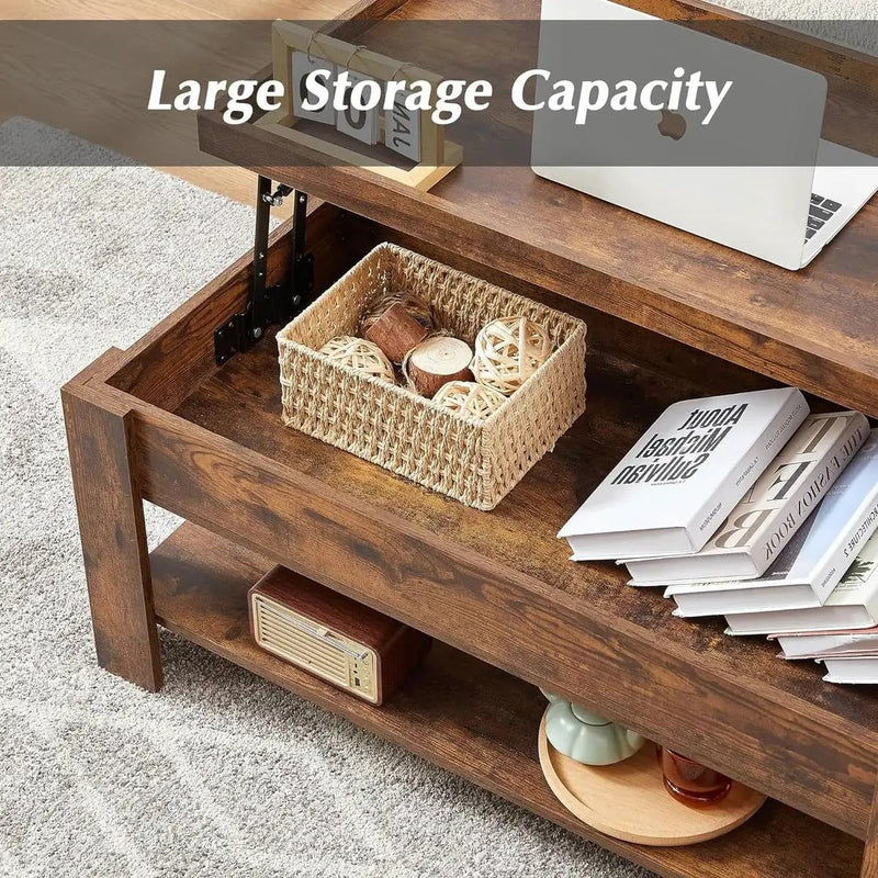 Modern Lift Top Coffee Table with Storage Shelf in Brown Wood Finish by HomePacific
