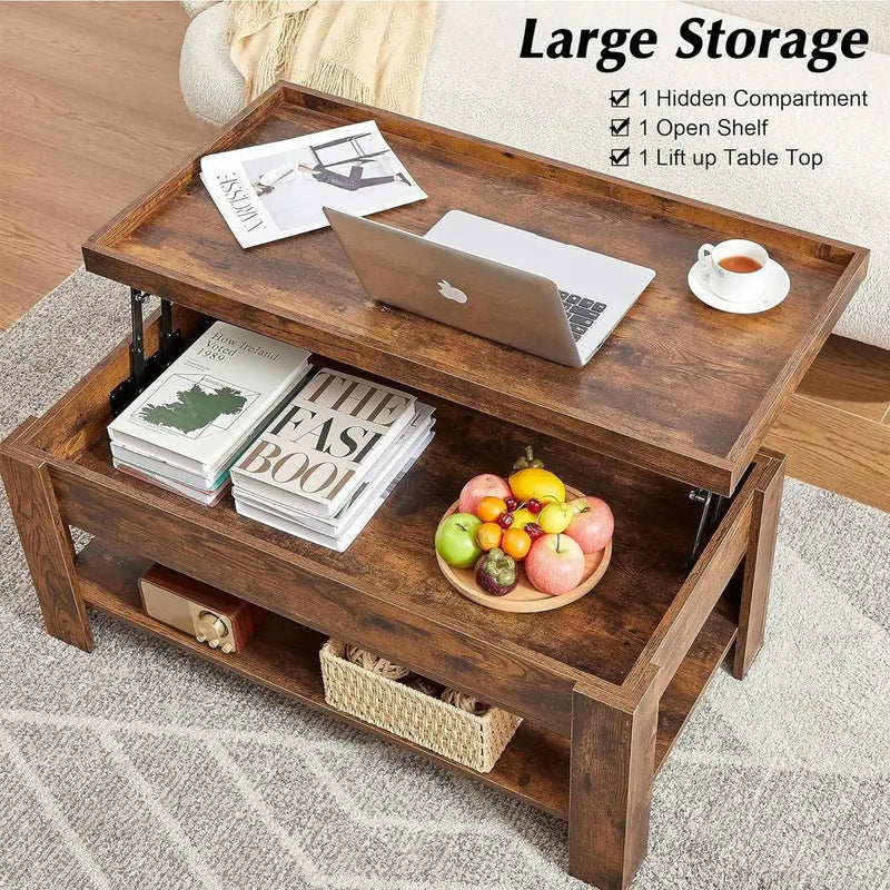 Modern Lift Top Coffee Table with Storage Shelf in Brown Wood Finish by HomePacific