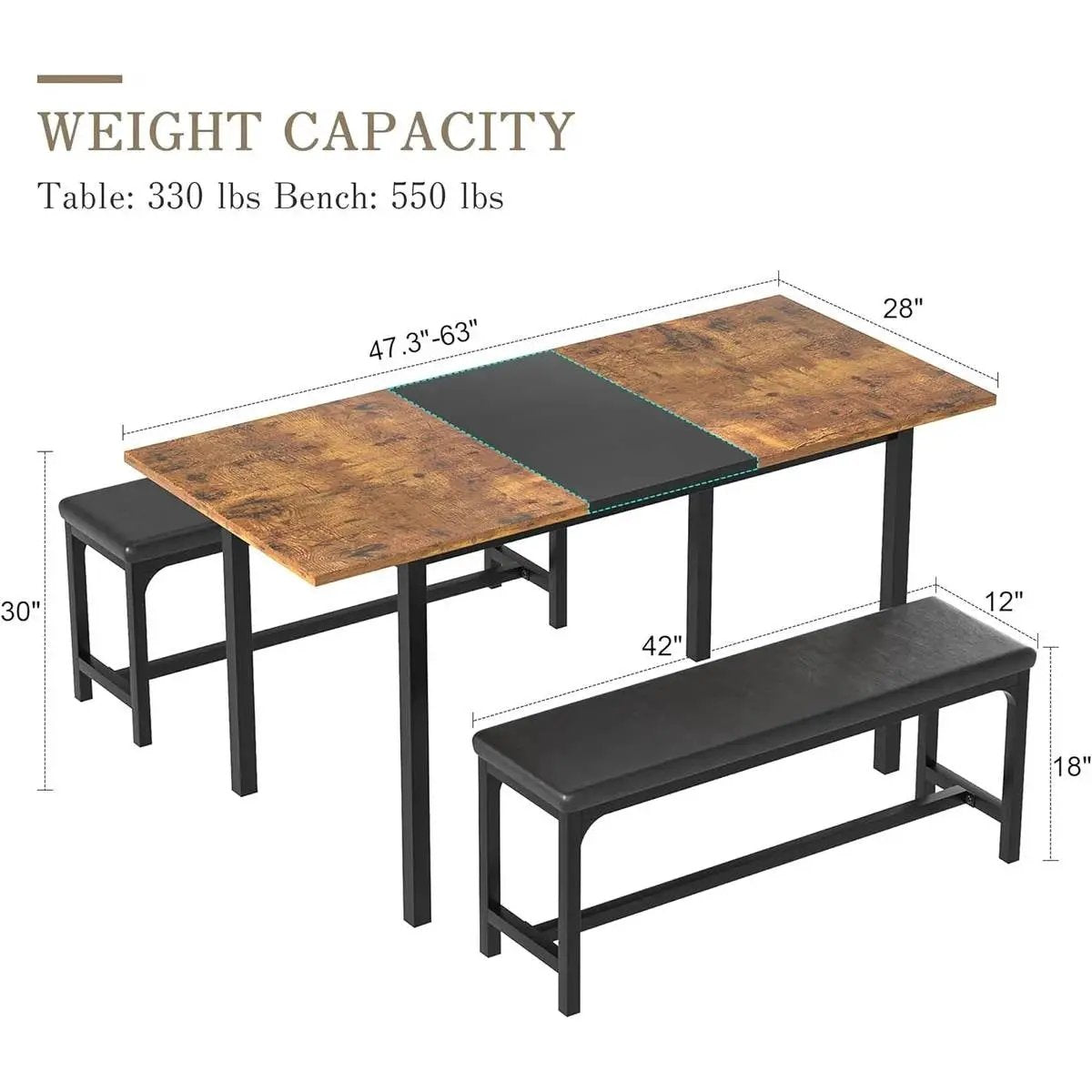 Modern 3-Piece Dining Set with Expandable Kitchen Table and 2 Backless Benches by HomePacific