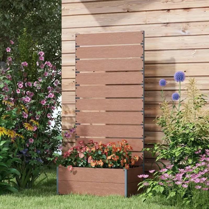 Raised Garden Bed Planter with Slatted Fence Trellis in Brown Wood Finish by HomePacific