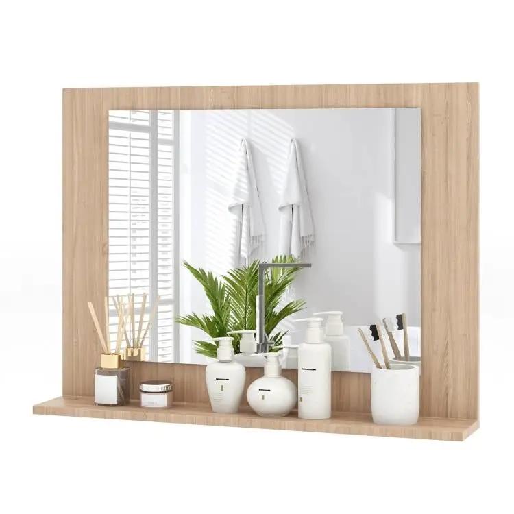 Rectangular 23 x 17 inch Bathroom Wall Mirror with Shelf in Brown Wood Finish by HomePacific