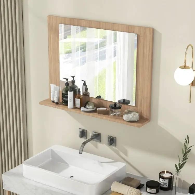 Rectangular 23 x 17 inch Bathroom Wall Mirror with Shelf in Brown Wood Finish by HomePacific