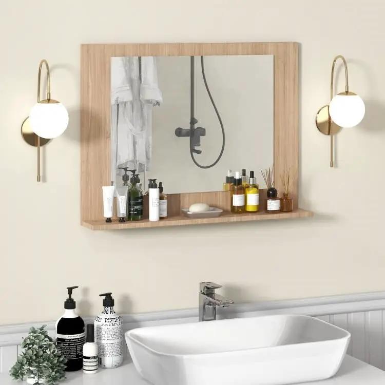 Rectangular 23 x 17 inch Bathroom Wall Mirror with Shelf in Brown Wood Finish by HomePacific