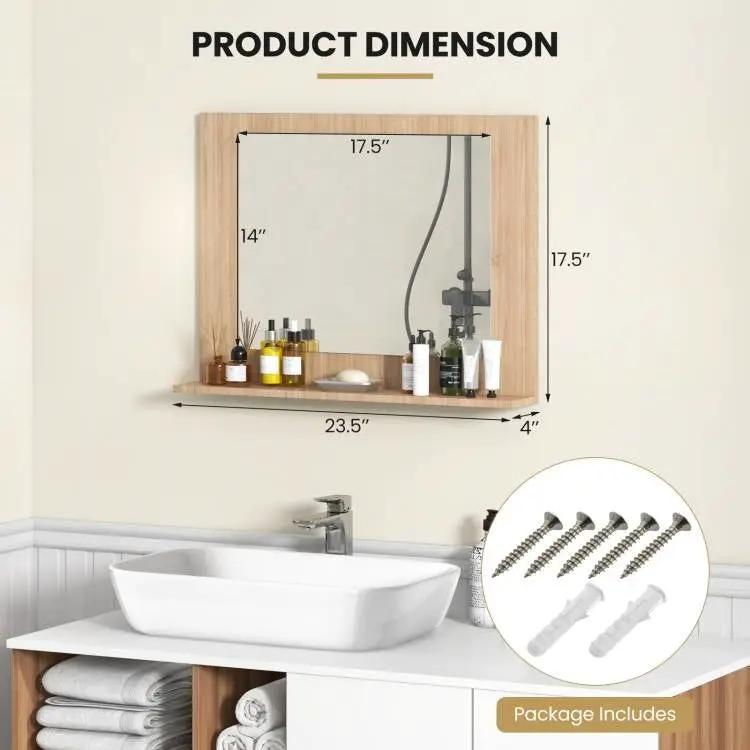 Rectangular 23 x 17 inch Bathroom Wall Mirror with Shelf in Brown Wood Finish by HomePacific