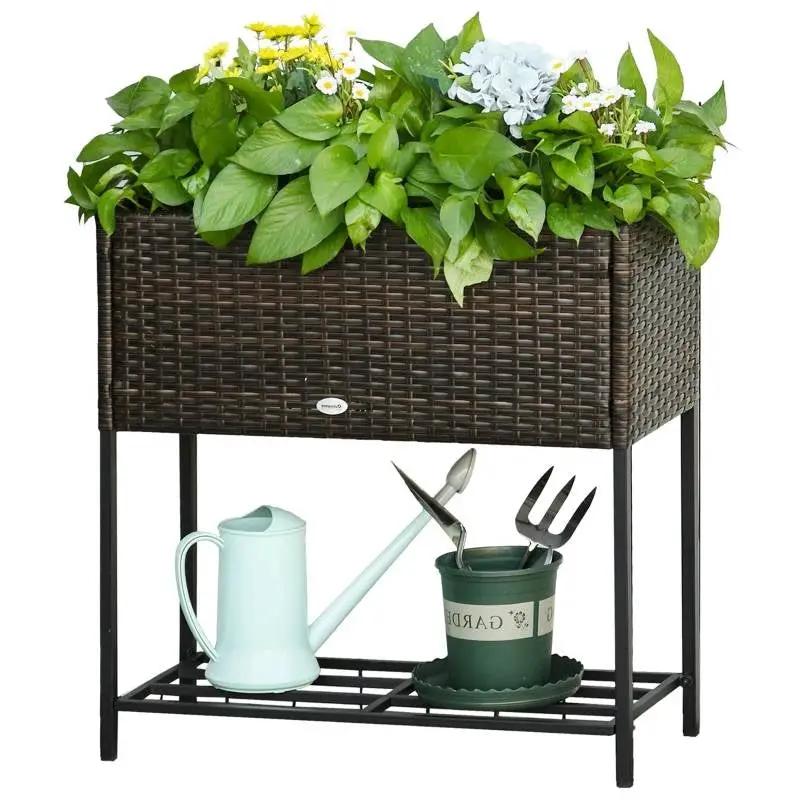 Brown Modern PE Rattan Wicker Raised Garden Bed Elevated Planter Box by HomePacific