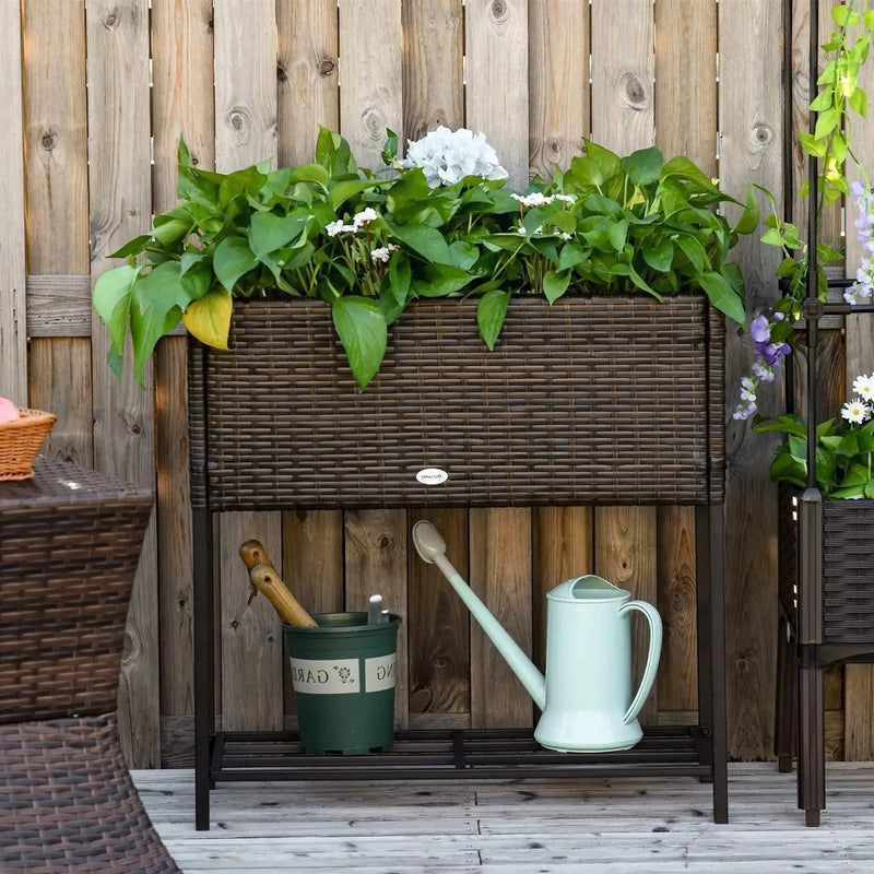 Brown Modern PE Rattan Wicker Raised Garden Bed Elevated Planter Box by HomePacific