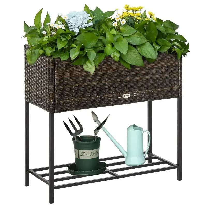 Brown Modern PE Rattan Wicker Raised Garden Bed Elevated Planter Box by HomePacific