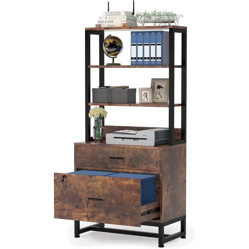 Home Office Lockable 2 Drawer Filing Cabinet Bookshelf in Brown Wood Finish by HomePacific