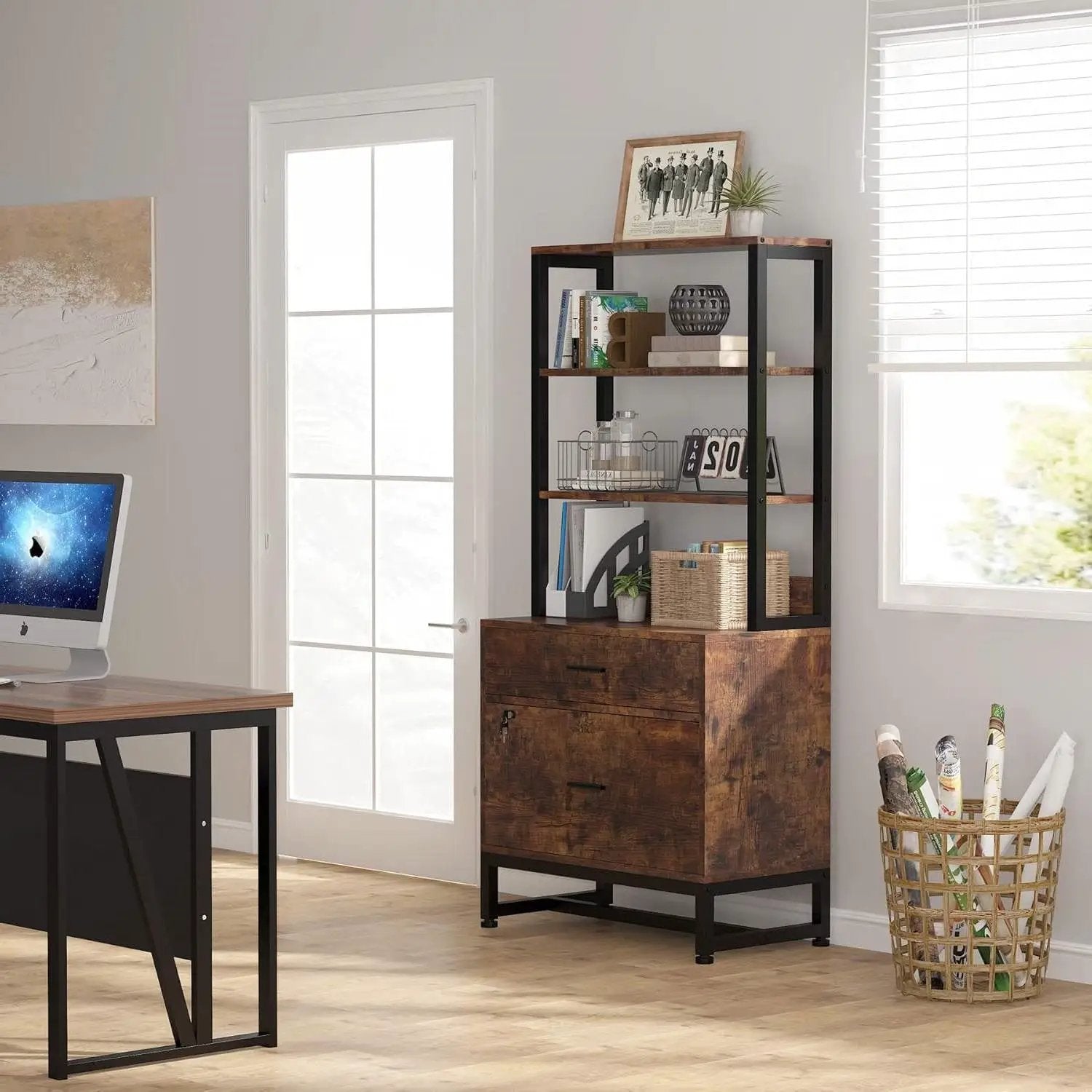 Home Office Lockable 2 Drawer Filing Cabinet Bookshelf in Brown Wood Finish by HomePacific