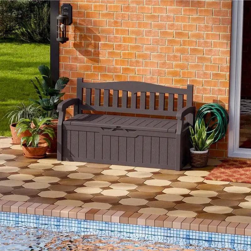 Heavy Duty Brown Plastic Outdoor Storage Garden Bench Patio Deck Box by HomePacific
