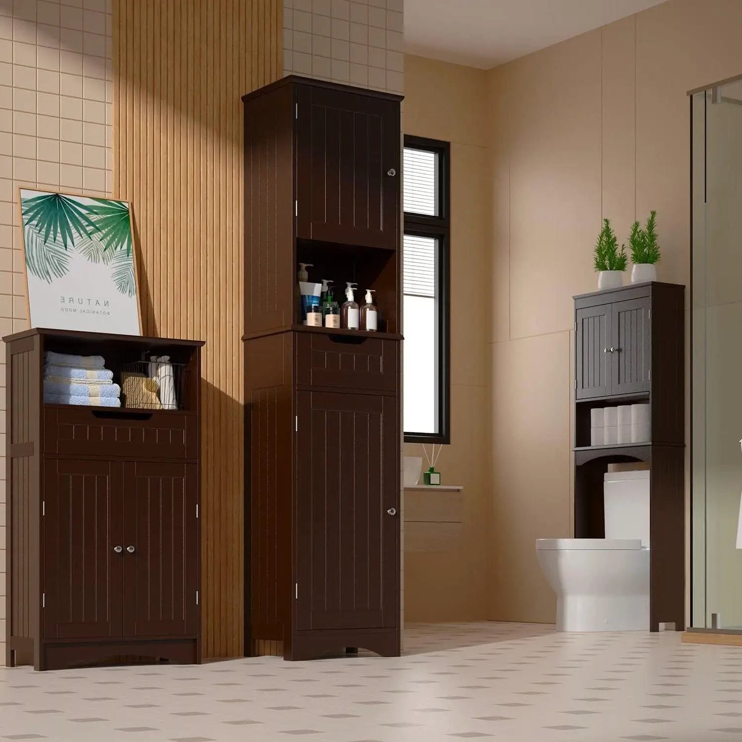 Dark Brown Bathroom Linen Cabinet Tower with 2 Doors Storage Drawer and Shelf by HomePacific