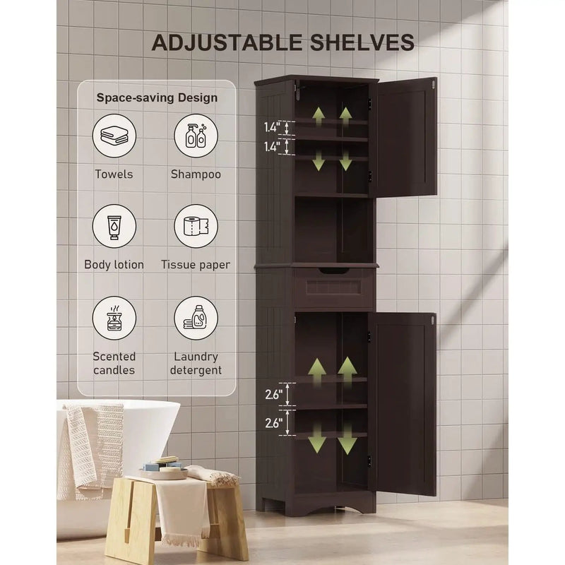 Dark Brown Bathroom Linen Cabinet Tower with 2 Doors Storage Drawer and Shelf by HomePacific