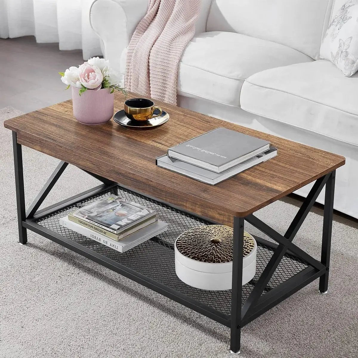 Modern Classic Metal Wood Coffee Table with Bottom Storage Shelf by HomePacific