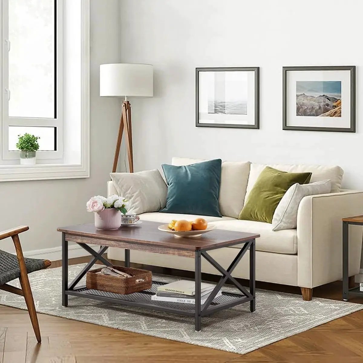 Modern Classic Metal Wood Coffee Table with Bottom Storage Shelf by HomePacific