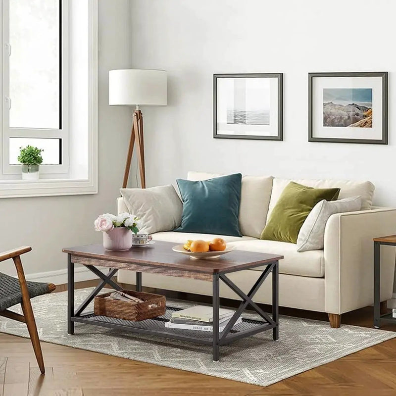 Modern Classic Metal Wood Coffee Table with Bottom Storage Shelf by HomePacific
