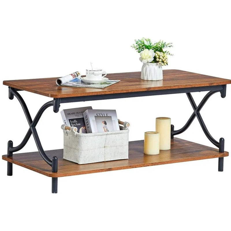 Modern Industrial Black Metal Brown Wood Coffee Table with Lower Storage Shelf by HomePacific