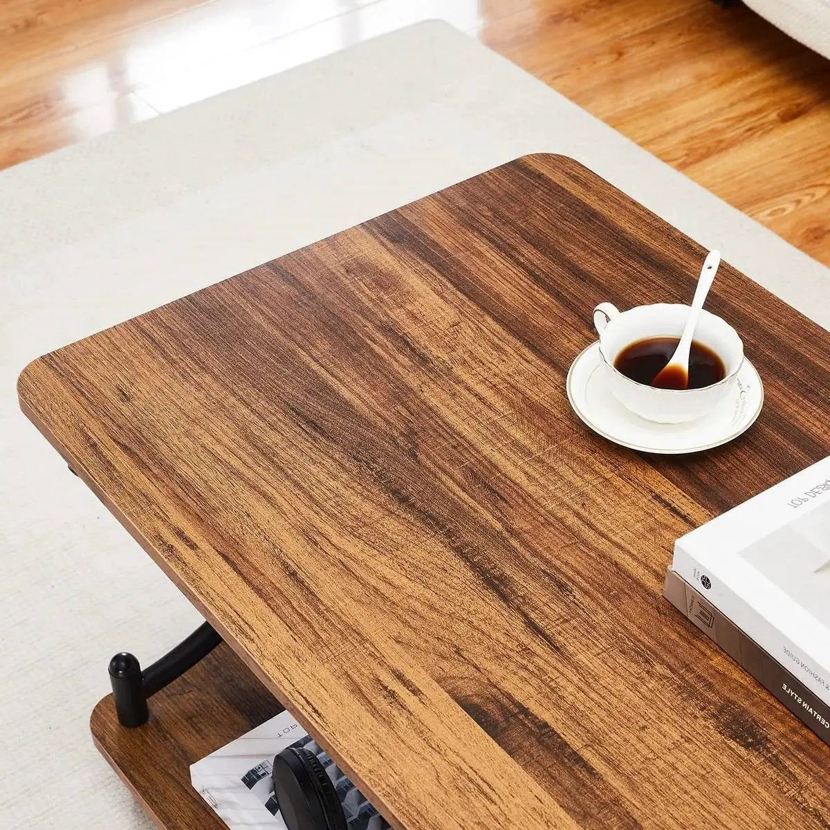 Modern Industrial Black Metal Brown Wood Coffee Table with Lower Storage Shelf by HomePacific