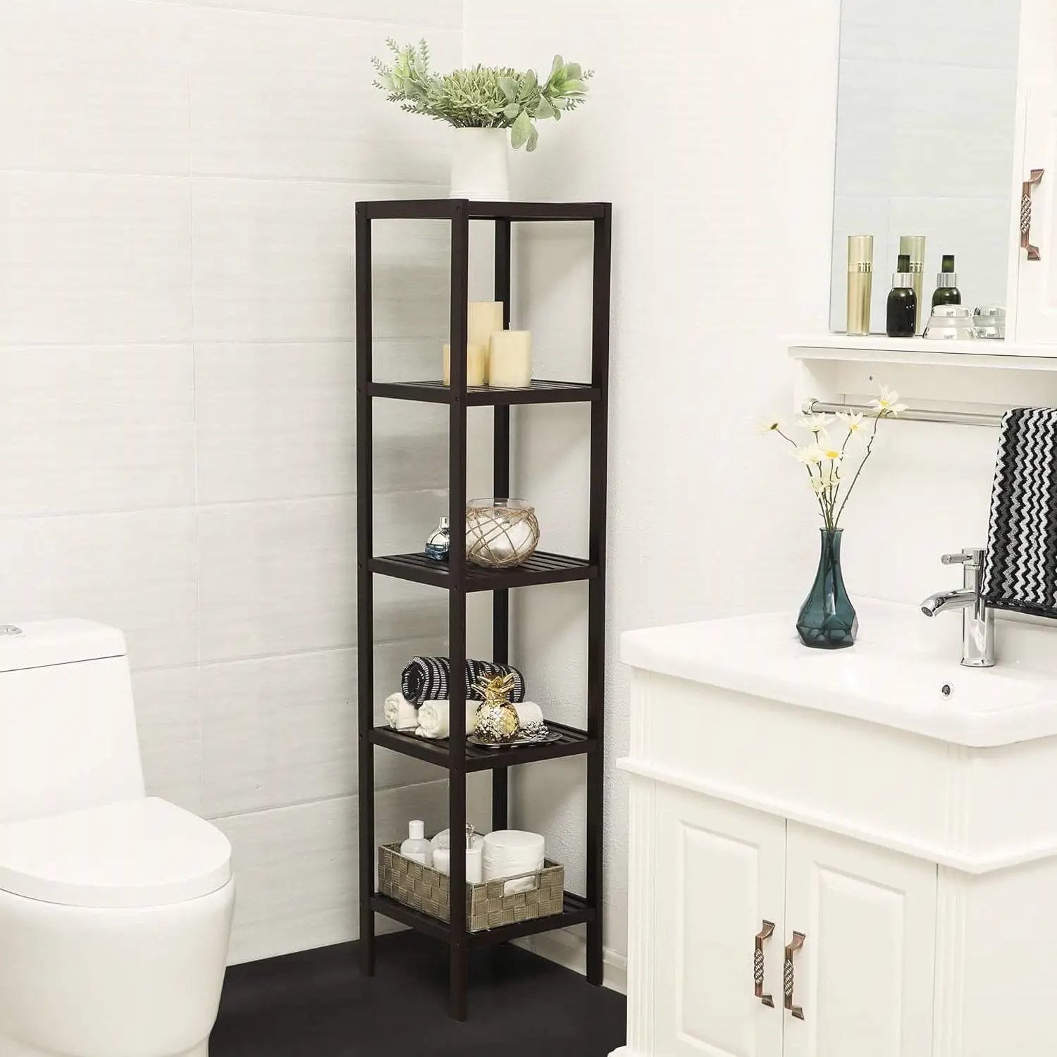 Brown Bamboo Wood 4-Shelf Versatile Storage Unit Rack Narrow Bookcase by HomePacific
