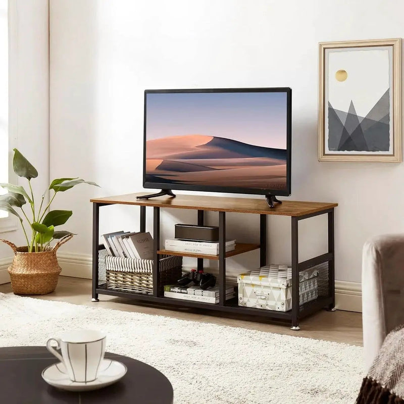 Industrial Modern Metal Wood TV Stand with Media Storage Shelf by HomePacific