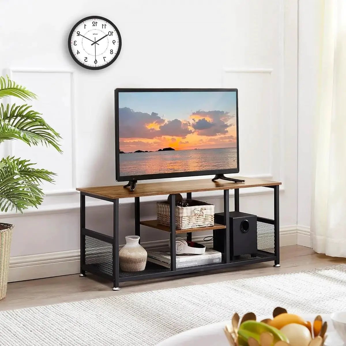 Industrial Modern Metal Wood TV Stand with Media Storage Shelf by HomePacific